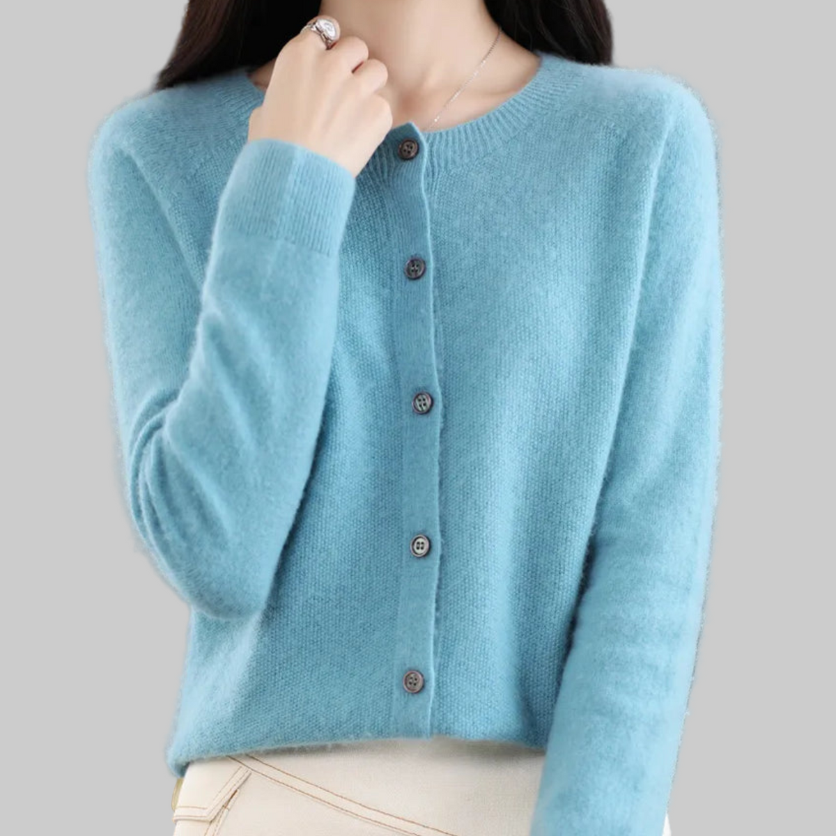 Women's Crew Neck Fine Knit Button Cardigan
