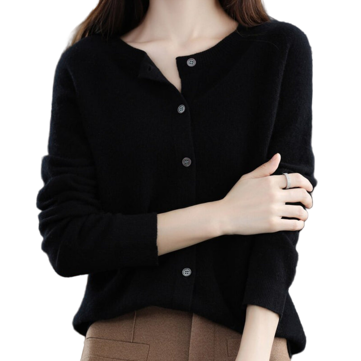 Women's Crew Neck Fine Knit Button Cardigan
