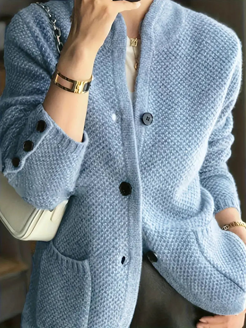 Women's Stand Collar Waffle Knit Button Cardigan with Pockets