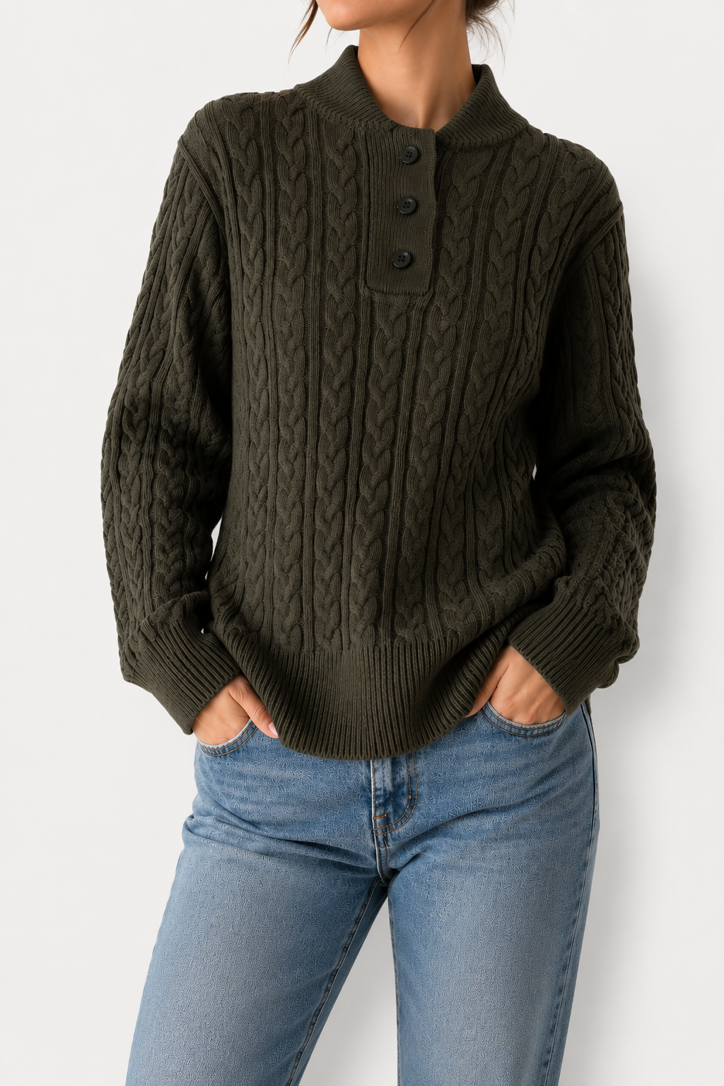Women's Cable Knit Button Neck Jumper