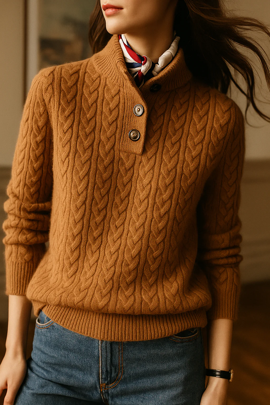 Women's Cable Knit Button Neck Jumper