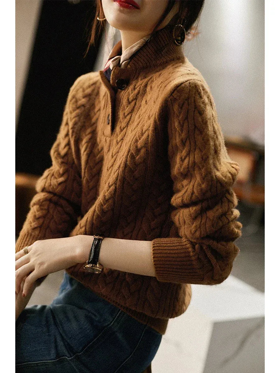 Women's Cable Knit Button Neck Jumper