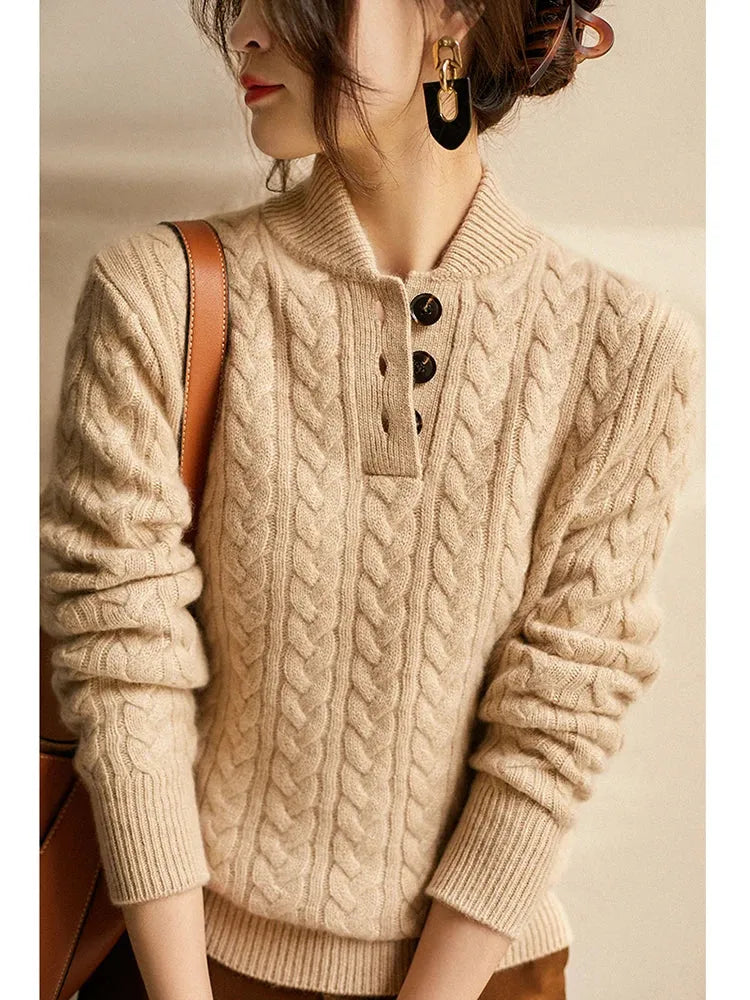 Women's Cable Knit Button Neck Jumper