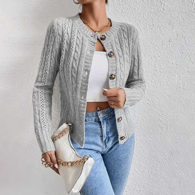 Women's Cable Knit Crew Neck Button Cardigan