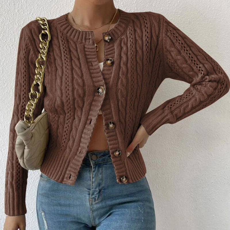 Women's Cable Knit Crew Neck Button Cardigan