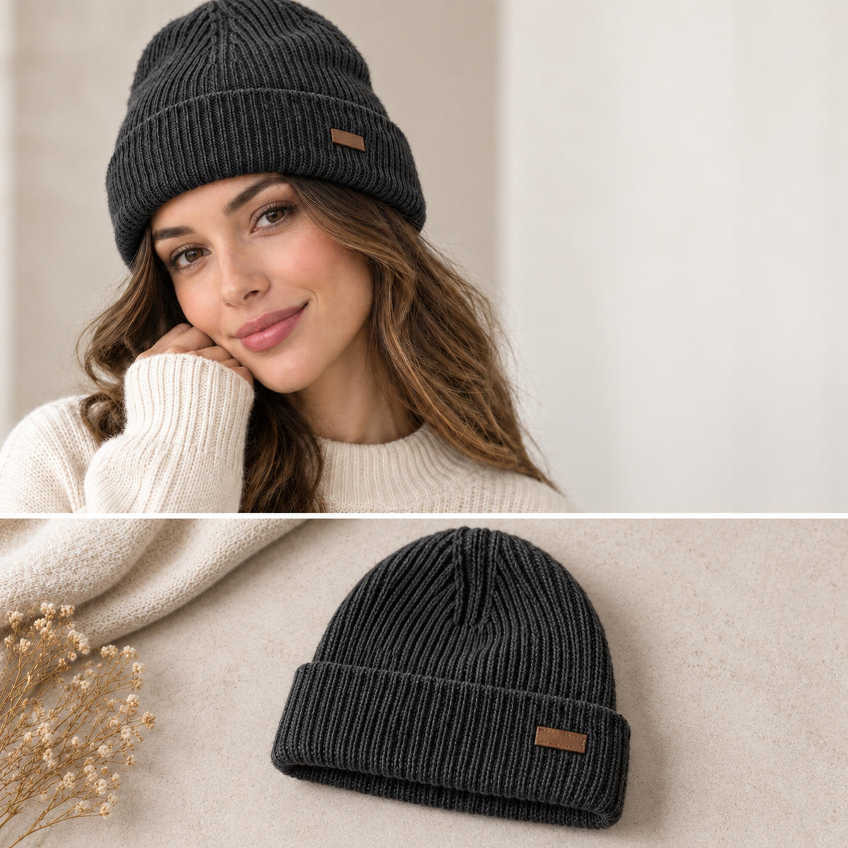 Women's Ribbed Cuffed Beanie with Cable Detail