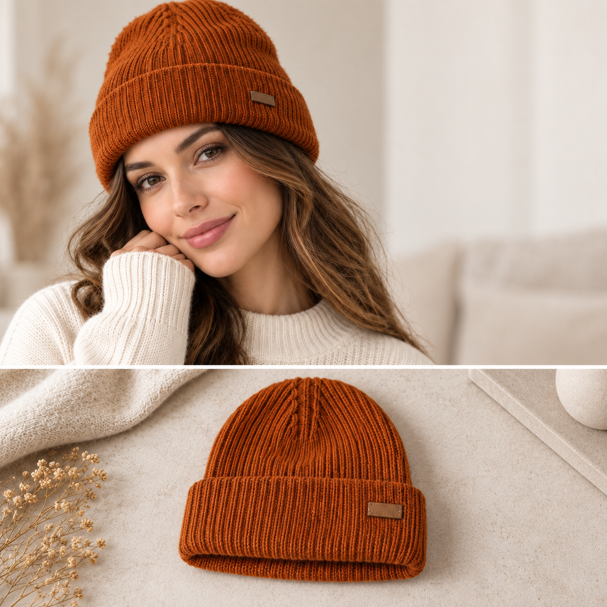 Women's Ribbed Cuffed Beanie with Cable Detail