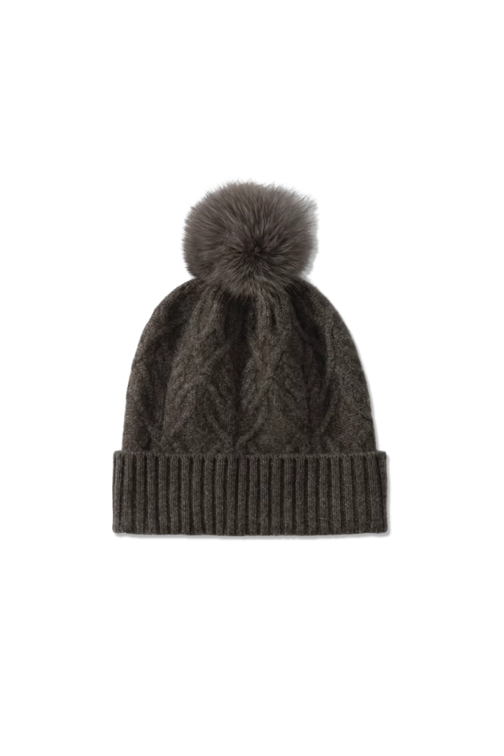 Women's Cable Knit Bobble Hat with Ribbed Cuff