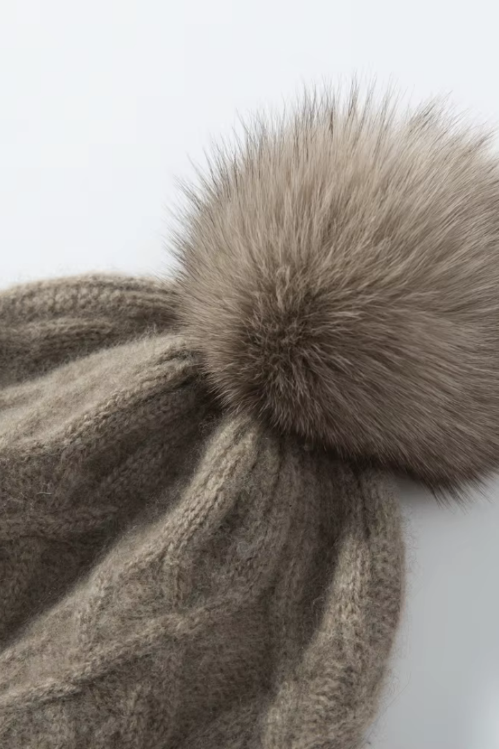 Women's Cable Knit Bobble Hat with Ribbed Cuff