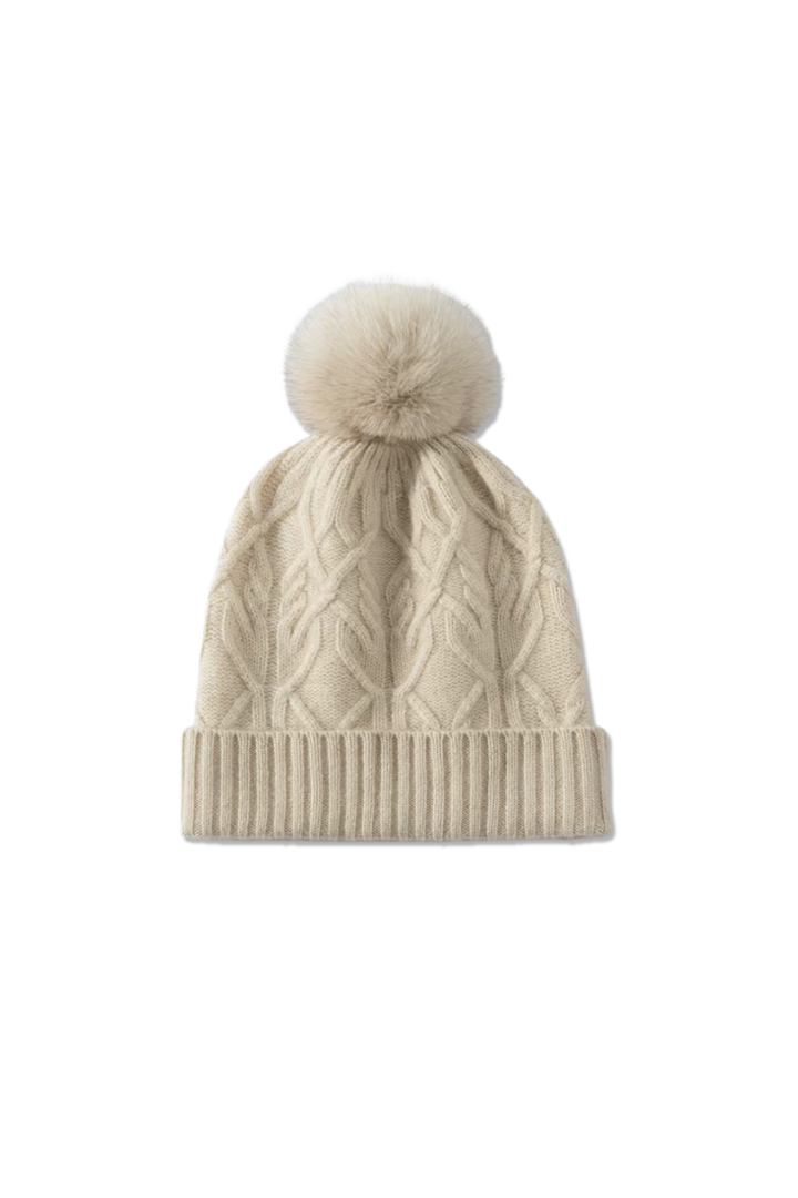 Women's Cable Knit Bobble Hat with Ribbed Cuff