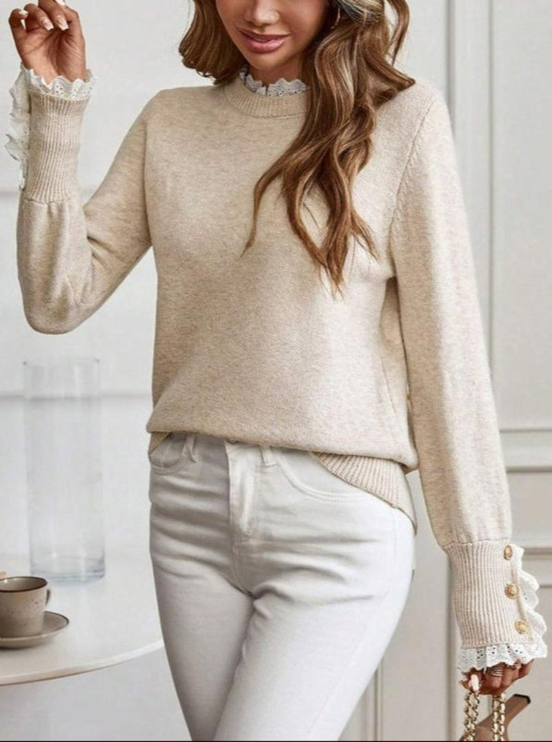 Women's Cable Knit Jumper with Lace Trim Collar and Cuffs