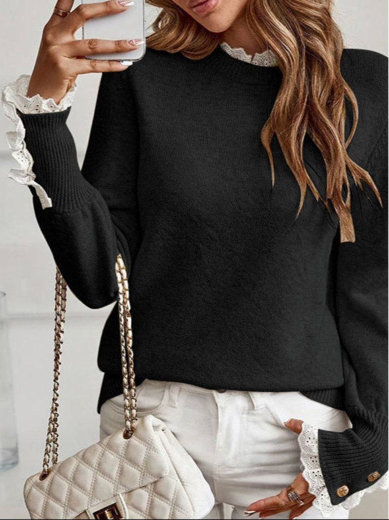 Women's Cable Knit Jumper with Lace Trim Collar and Cuffs