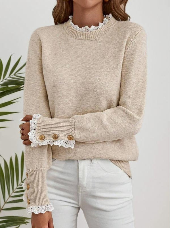 Women's Cable Knit Jumper with Lace Trim Collar and Cuffs