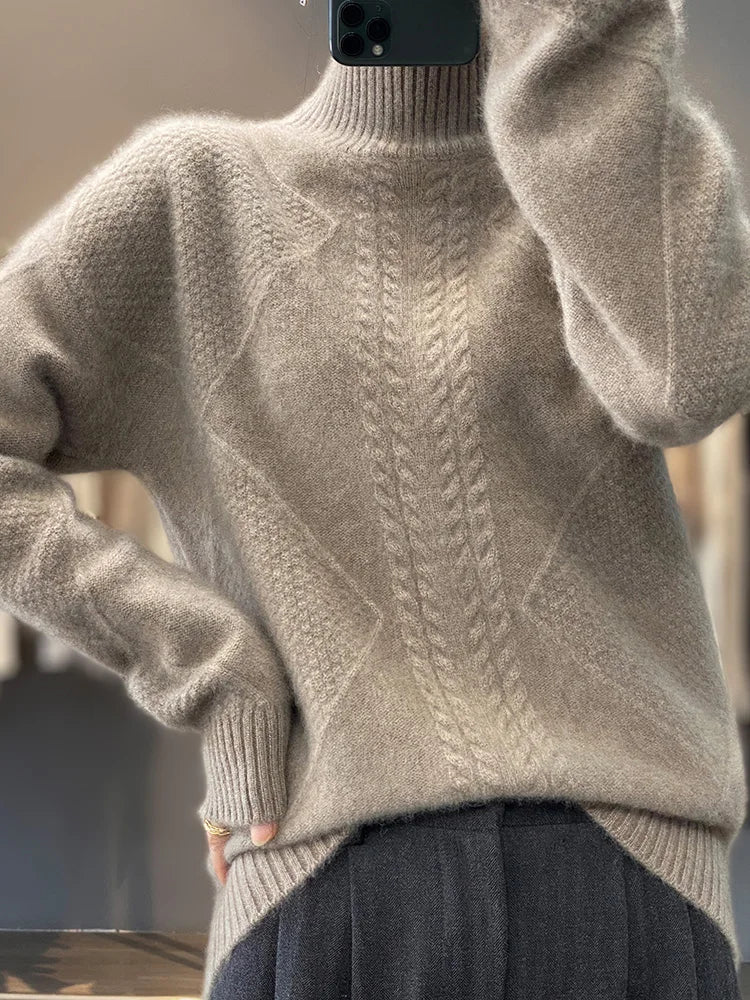 Women's Warm Cable Knit Roll Neck Jumper