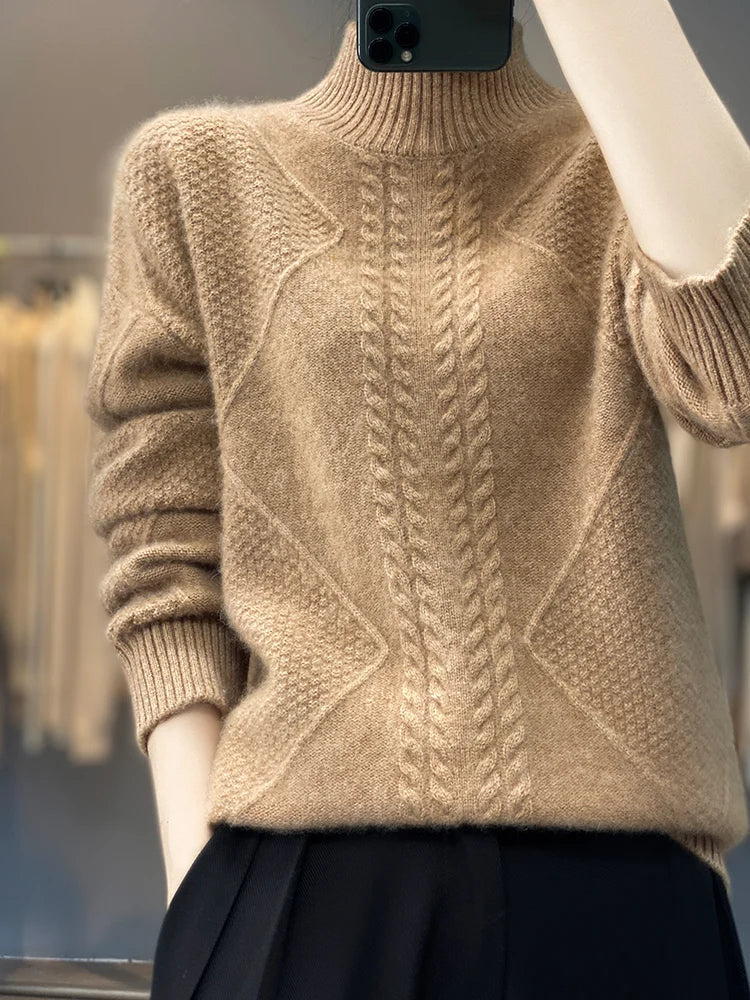 Women's Warm Cable Knit Roll Neck Jumper
