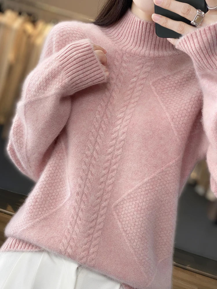 Women's Warm Cable Knit Roll Neck Jumper