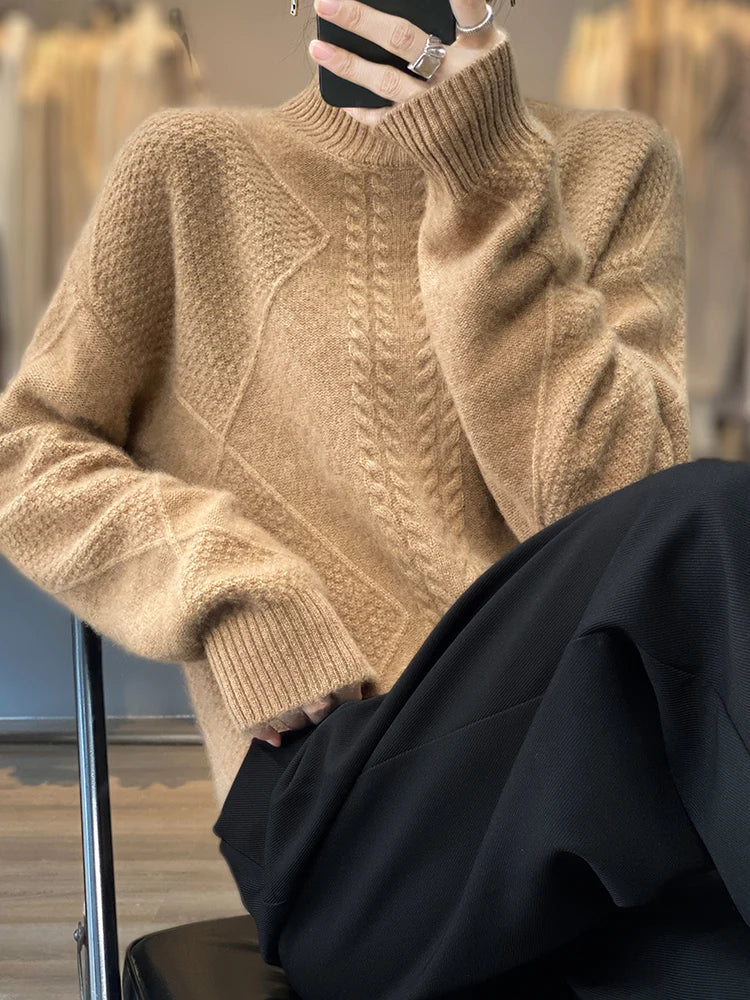 Women's Warm Cable Knit Roll Neck Jumper