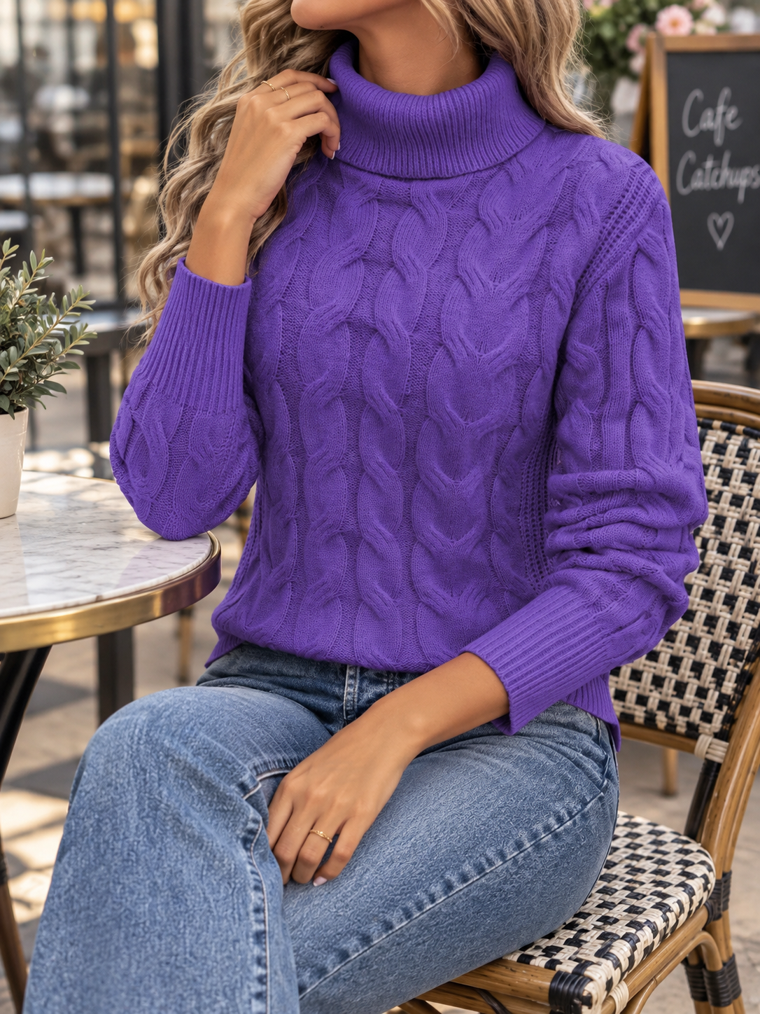 Women's Cable Knit Roll Neck Jumper