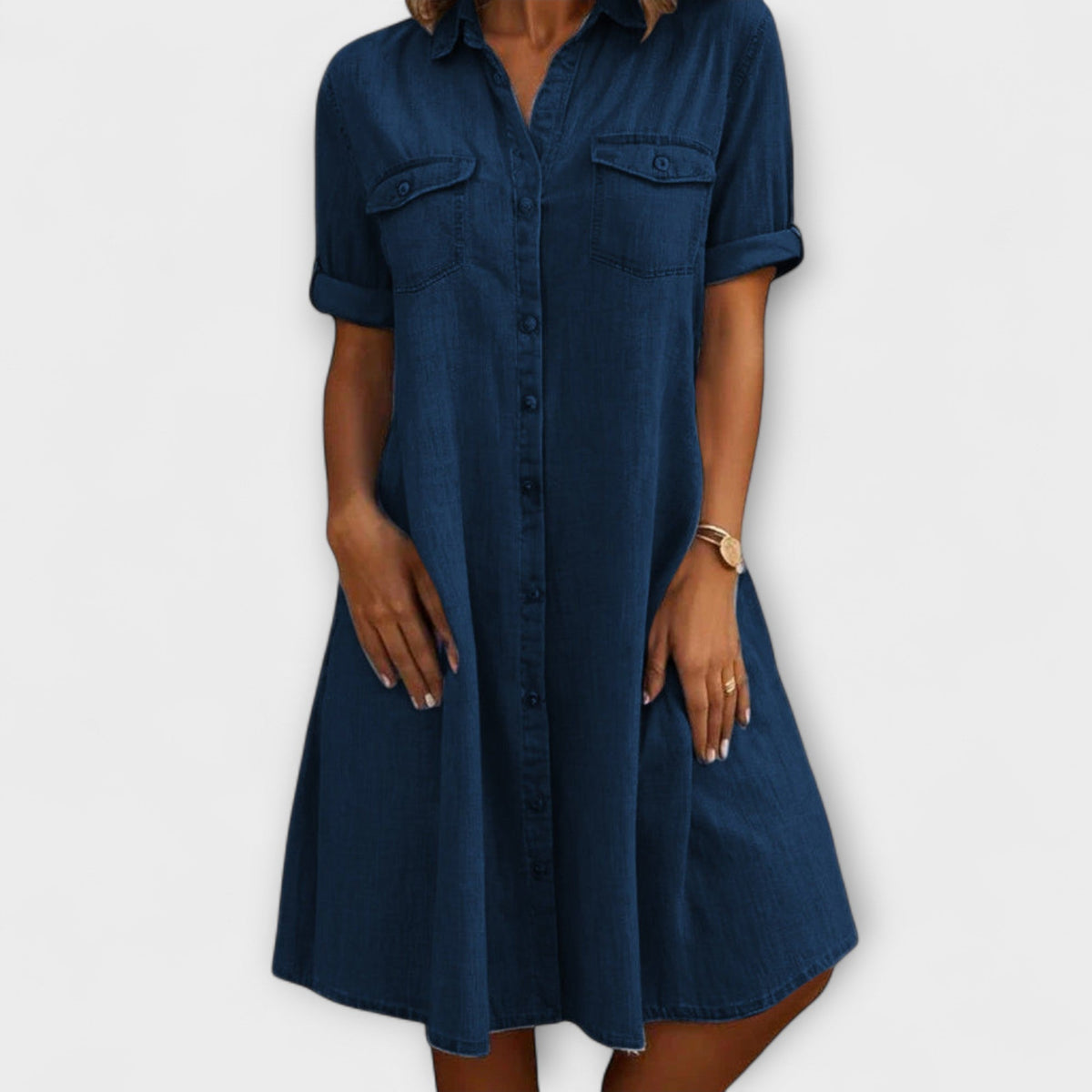 Women's Short Sleeve Button-Up A-Line Shirt Dress