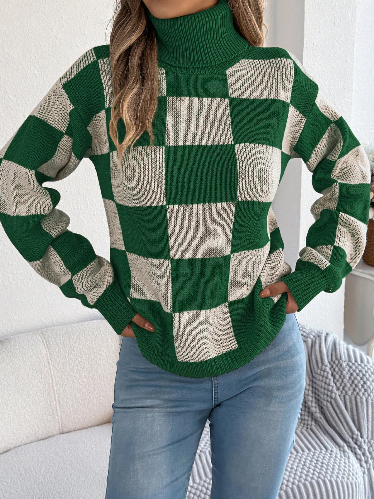 Women's Checkerboard Roll Neck Jumper