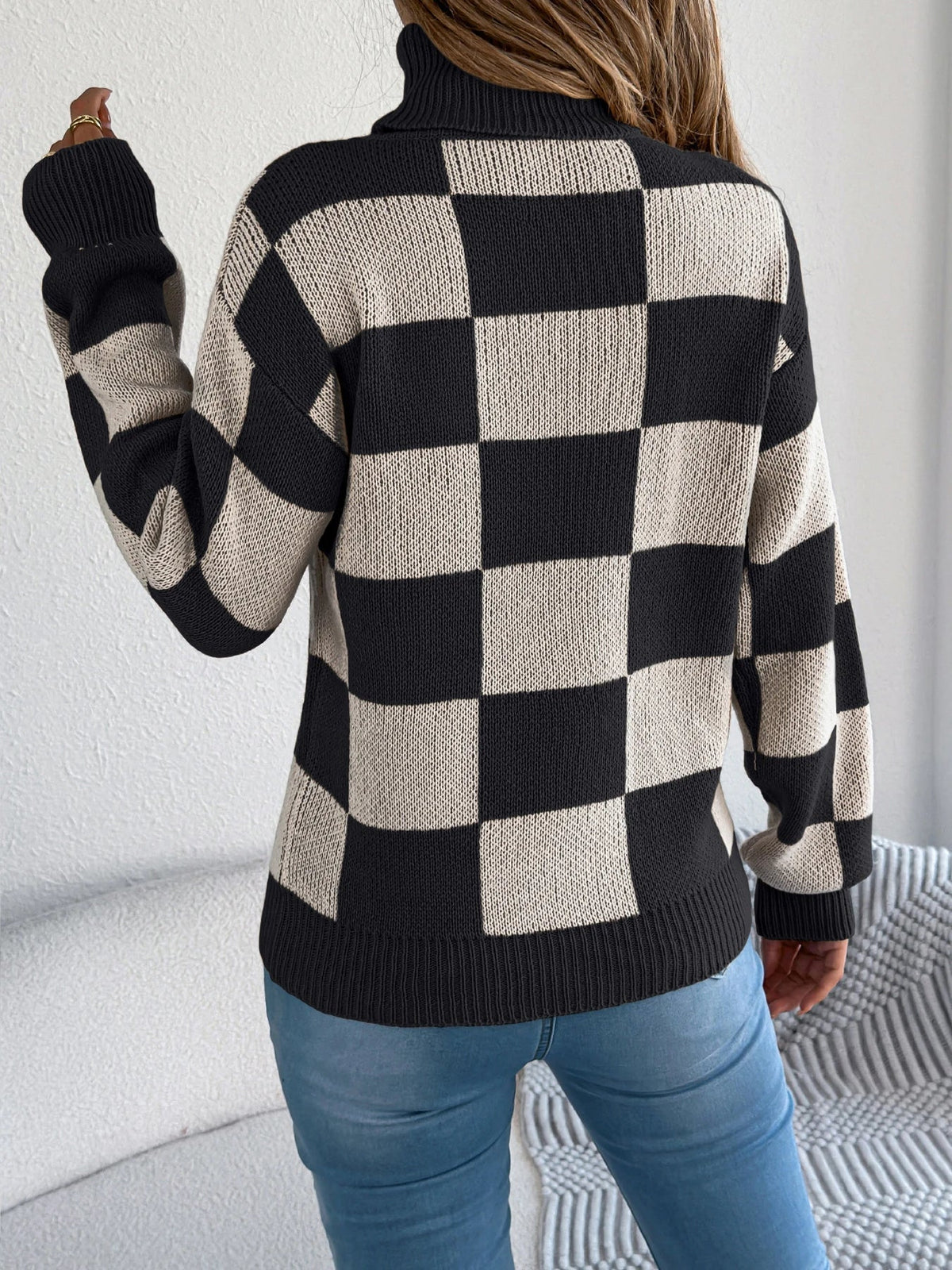 Women's Checkerboard Roll Neck Jumper