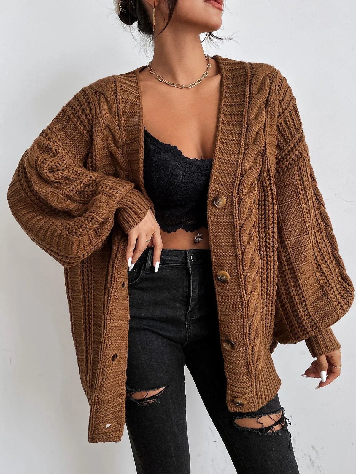 Women's Chunky Cable Knit Cardigan in Brown