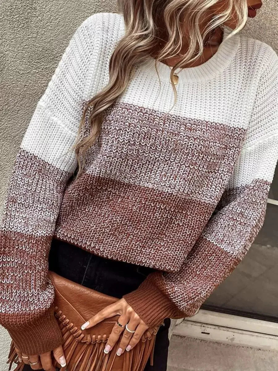 Women's Colour Block Chunky Knit Jumper in White and Brown