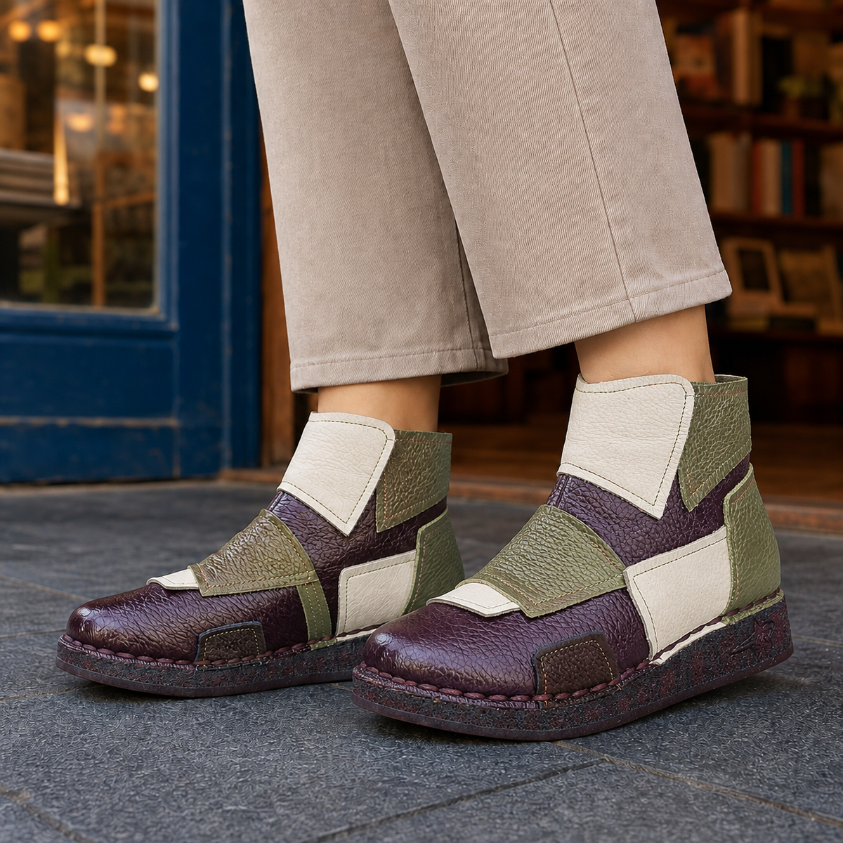 Women's Patchwork Colour Block Faux Leather Ankle Boots