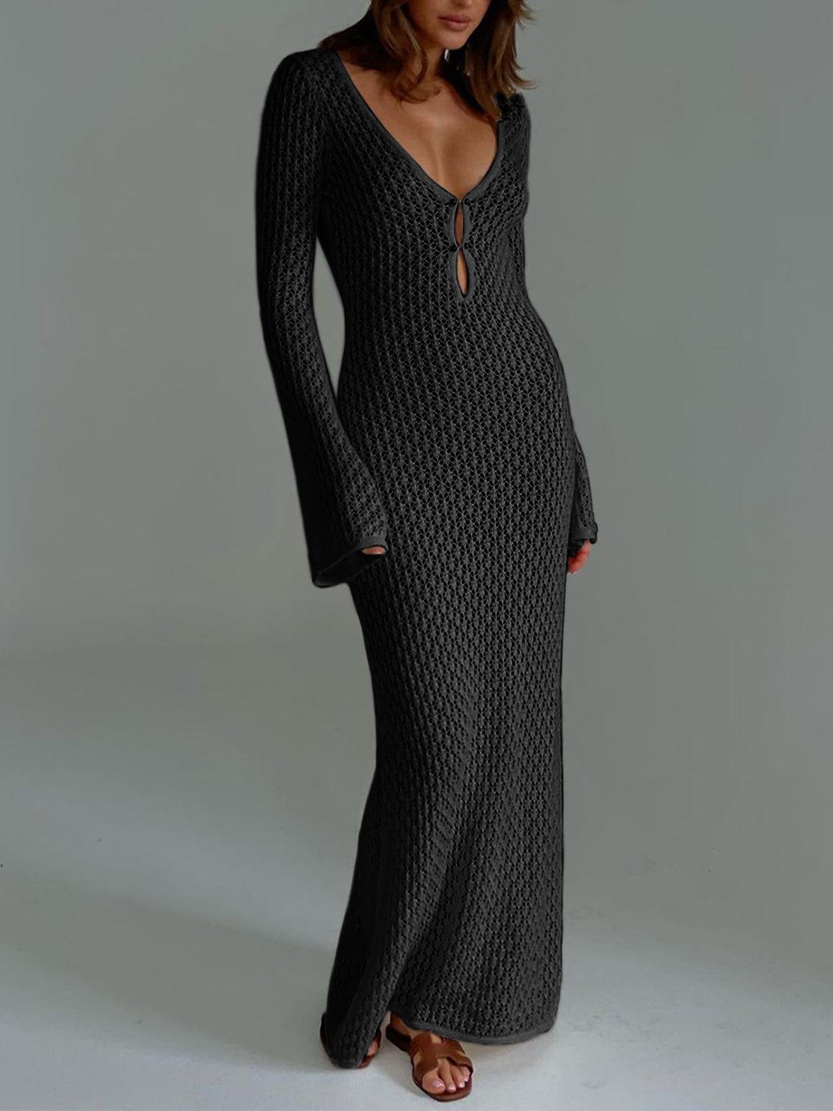 Women's Crochet Knit Long Sleeve Maxi Beach Dress