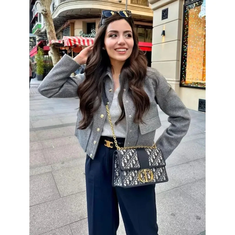 Women's Short Button-Up Jacket with Rib-Knit Trim
