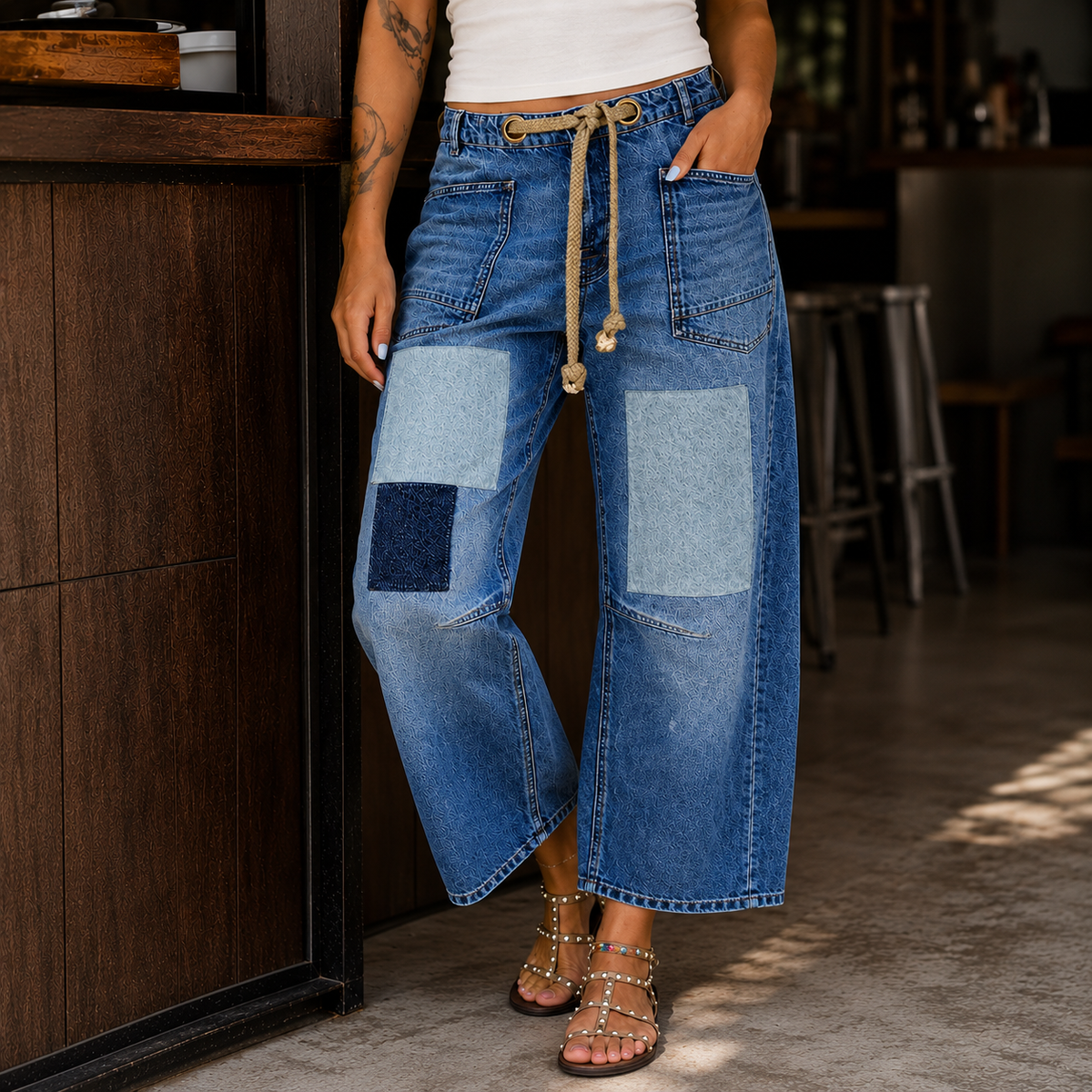 Women's Patchwork Wide-Leg Cropped Jeans with Rope Belt