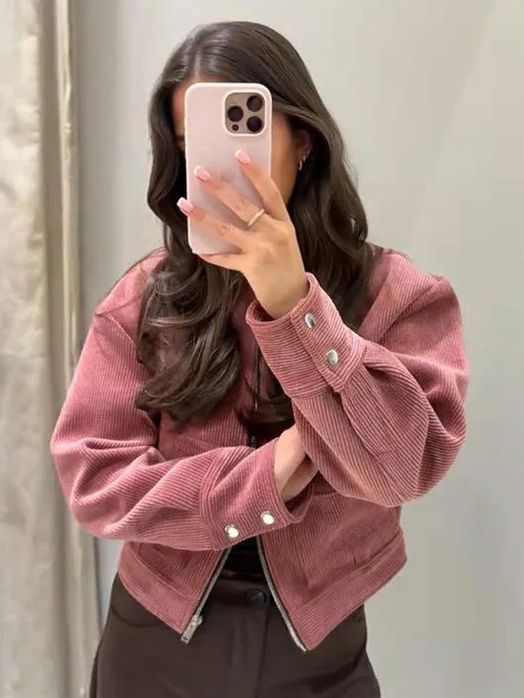 Women's Cropped Ribbed Zip Bomber Jacket in Pink