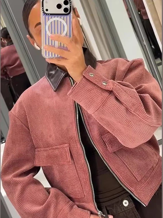 Women's Cropped Ribbed Zip Bomber Jacket in Pink