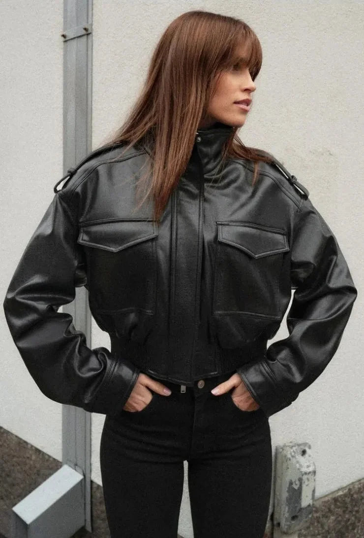 Women's Cropped Faux Leather Utility Jacket