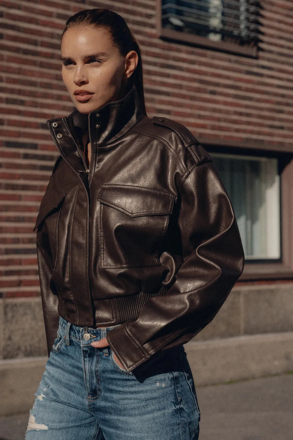 Women's Cropped Faux Leather Utility Jacket