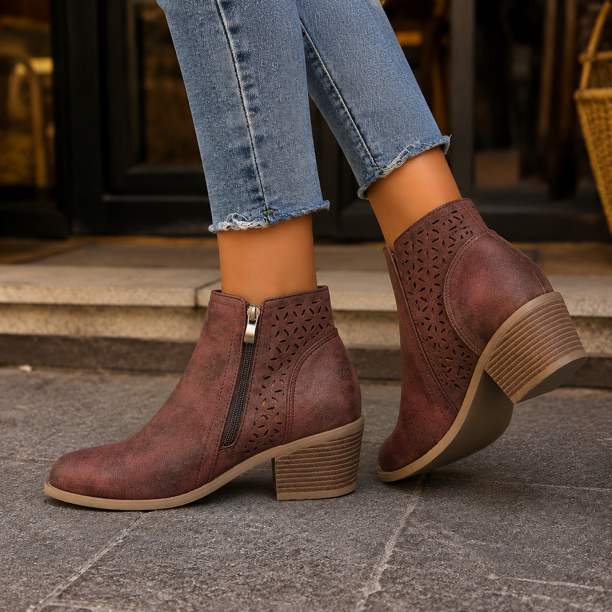 Women's Floral Cutout Side Zip Block Heel Ankle Boots