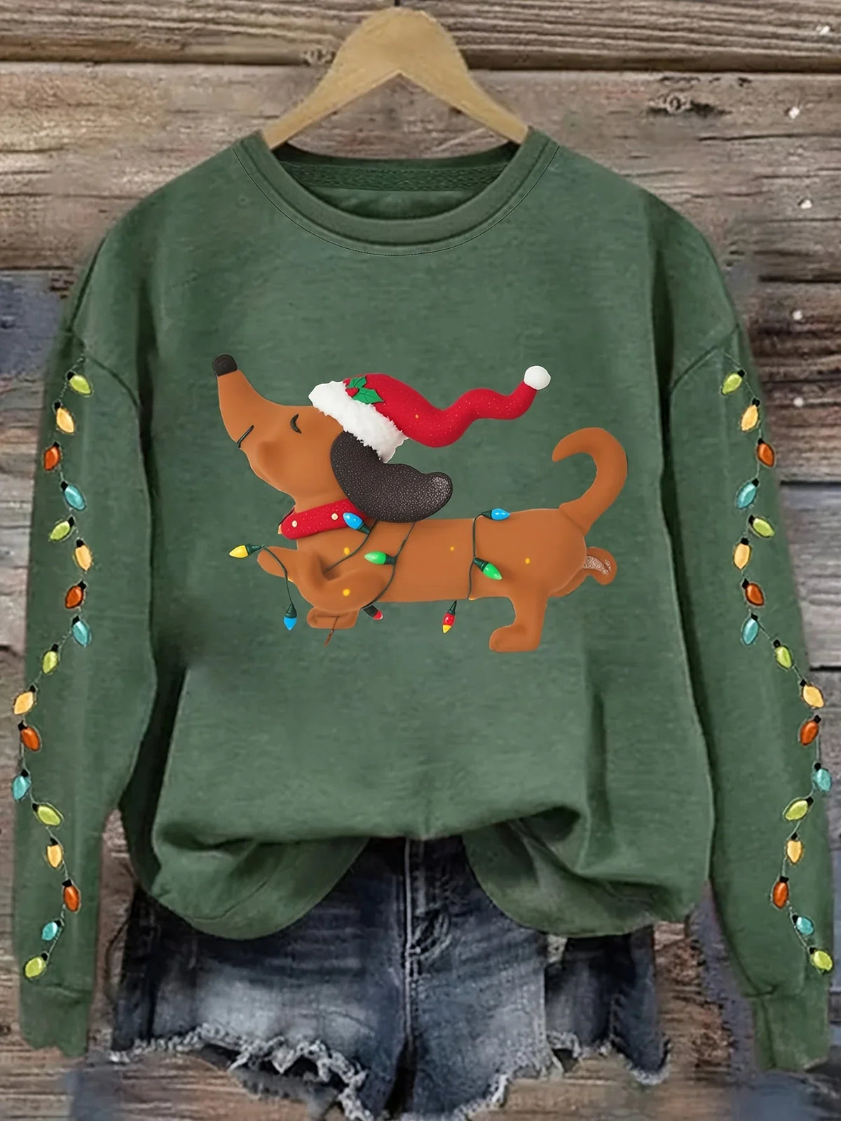 Women's Christmas Jumper Dachshund Fairy Lights Crew Neck