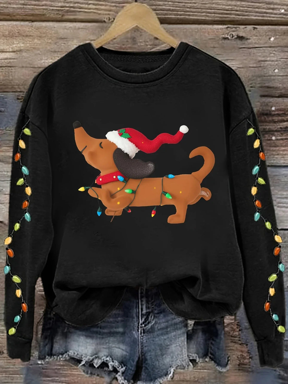 Women's Christmas Jumper Dachshund Fairy Lights Crew Neck