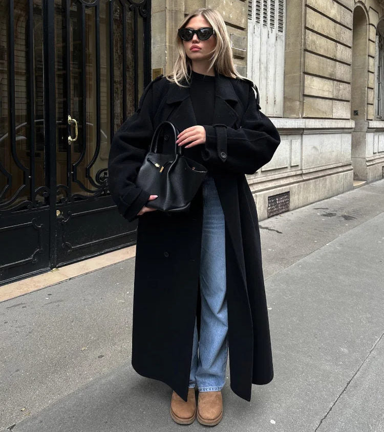 Women's Belted Double-Breasted Wool-Look Trench Coat in Black