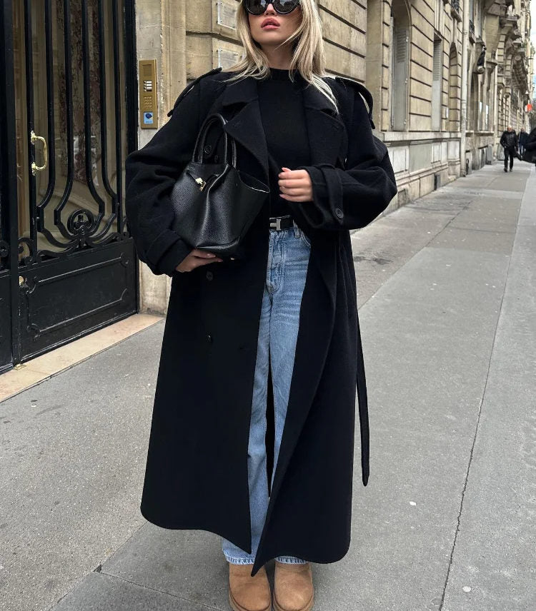 Women's Belted Double-Breasted Wool-Look Trench Coat in Black