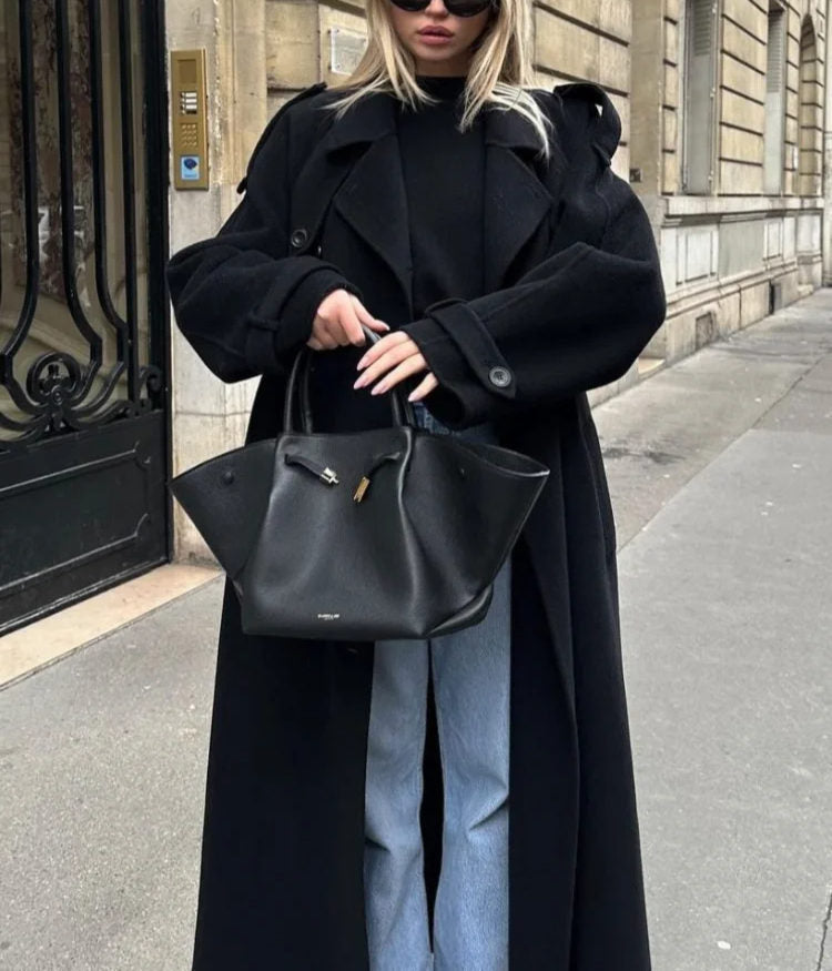 Women's Belted Double-Breasted Wool-Look Trench Coat in Black