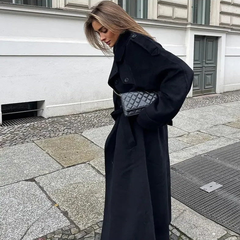 Women's Belted Double-Breasted Wool-Look Trench Coat in Black