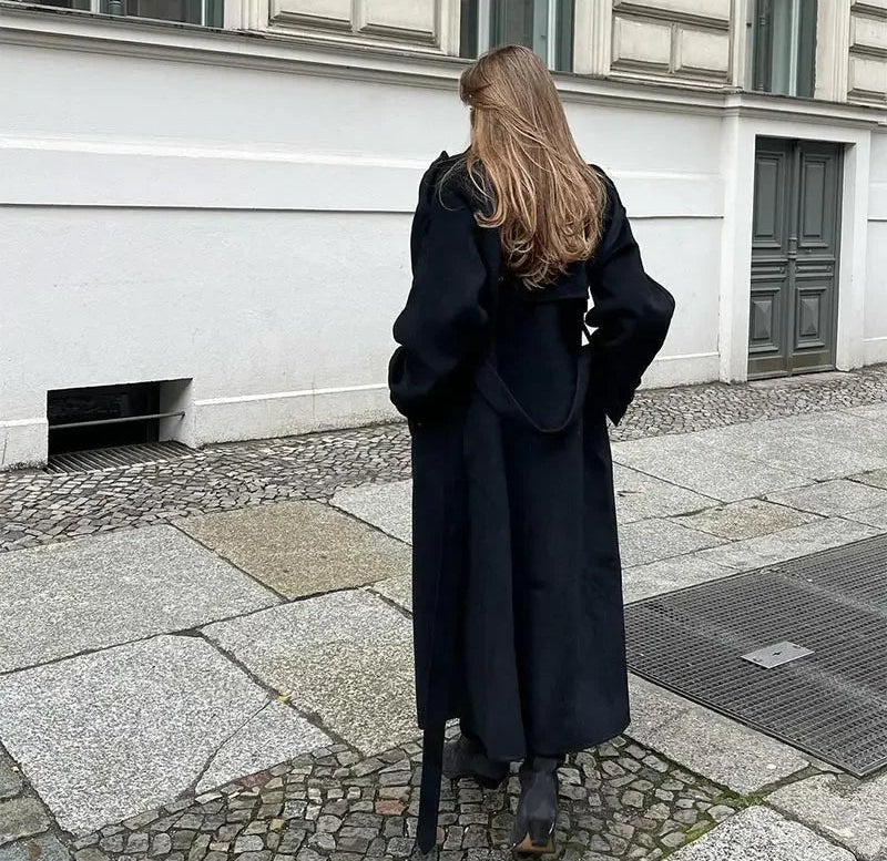 Women's Belted Double-Breasted Wool-Look Trench Coat in Black