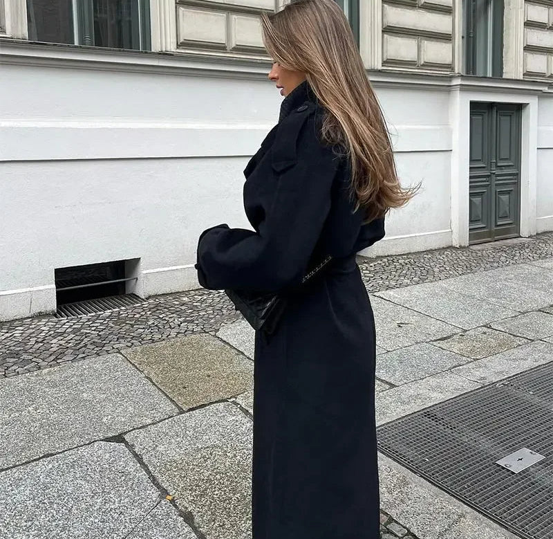 Women's Belted Double-Breasted Wool-Look Trench Coat in Black