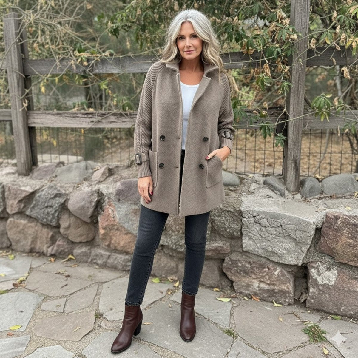 Women's Double-Breasted Coat with Cable Knit Sleeves