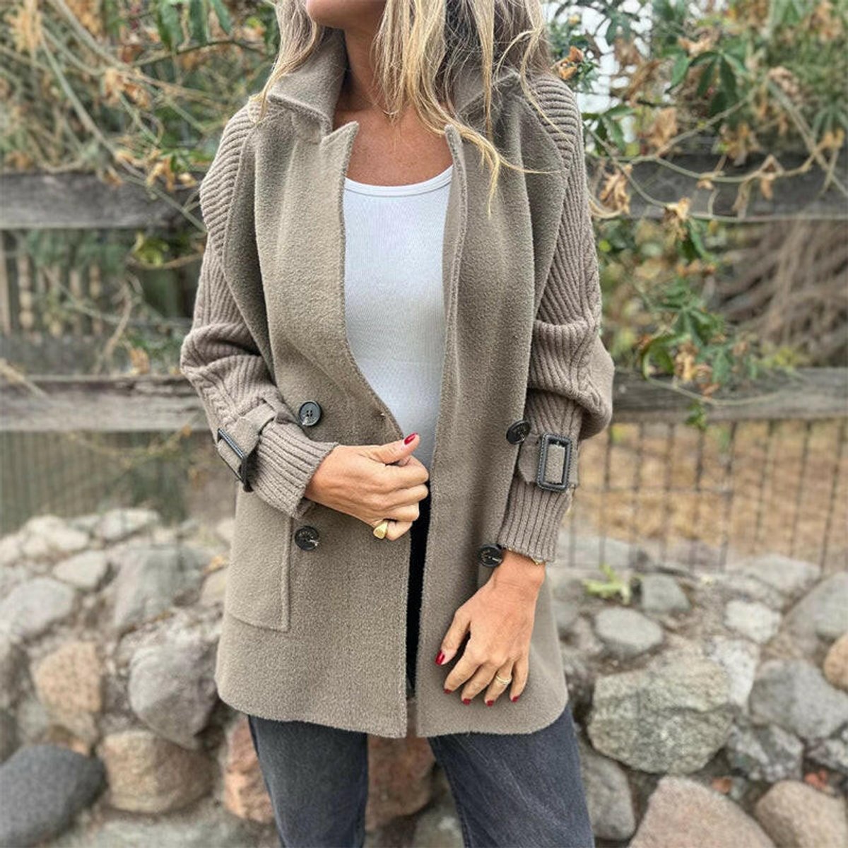 Women's Double-Breasted Coat with Cable Knit Sleeves