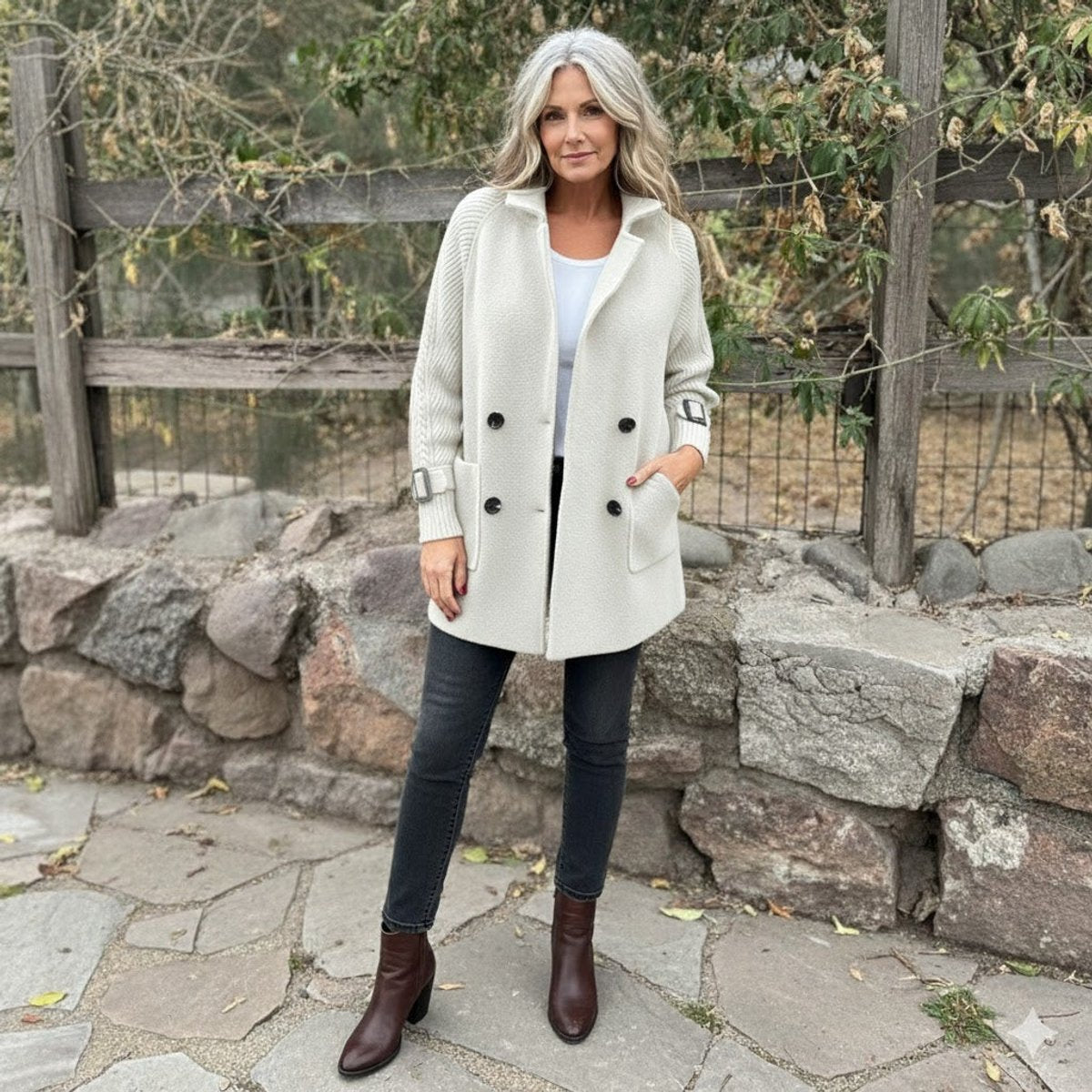 Women's Double-Breasted Coat with Cable Knit Sleeves