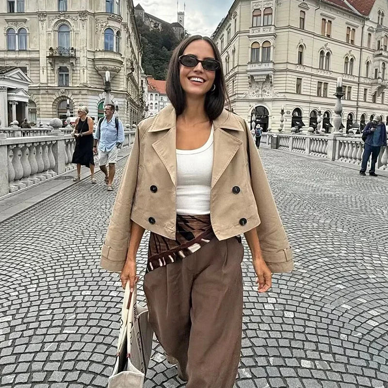 Women's Cropped Double-Breasted Trench Jacket in Beige