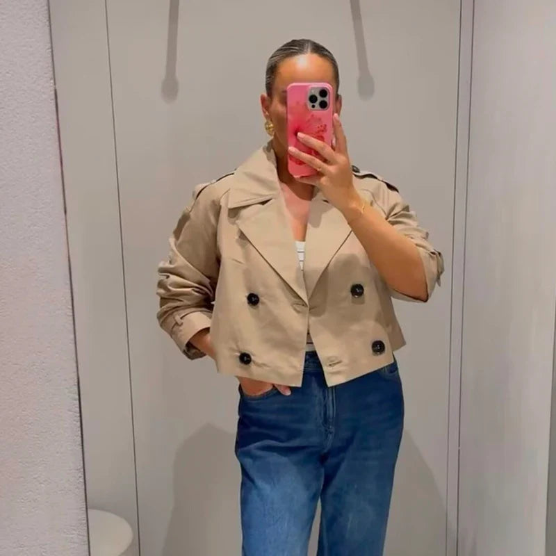Women's Cropped Double-Breasted Trench Jacket in Beige