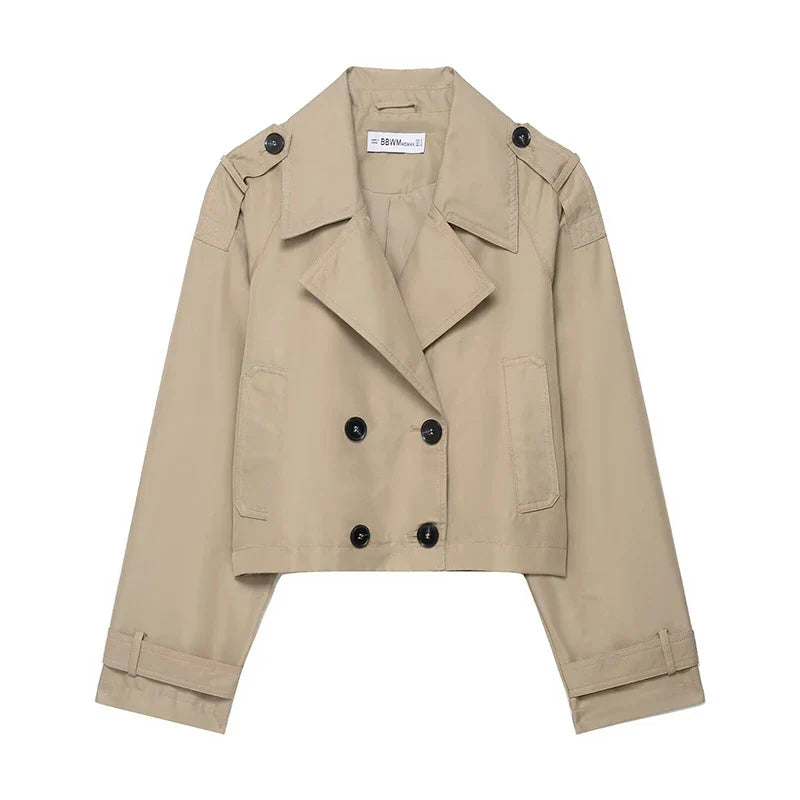 Women's Cropped Double-Breasted Trench Jacket in Beige
